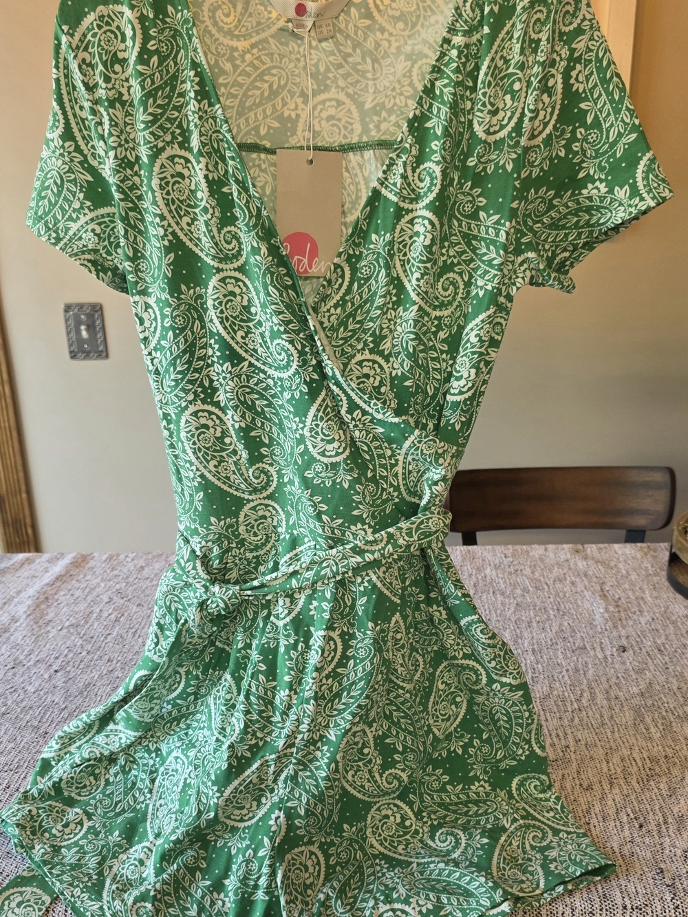 Boden Green and White Paisley Wrap Romper